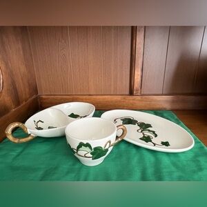 Three piece Metlox of California Poppytrail Ivy pattern dishes.